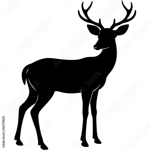 Elegant Deer with Antlers Standing in Profile Black Silhouette
