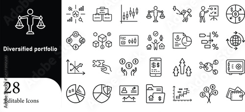 Collection of twenty eight editable outline icons illustrating concepts related to finance investing and diversified portfolio strategies