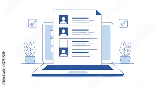 Laptop displaying a document with profile icons and lines next to potted plants and checkmarks