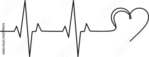 Abstract continuous line drawing of a heartbeat ekg line transforming into a heart shape isolated on transparent background