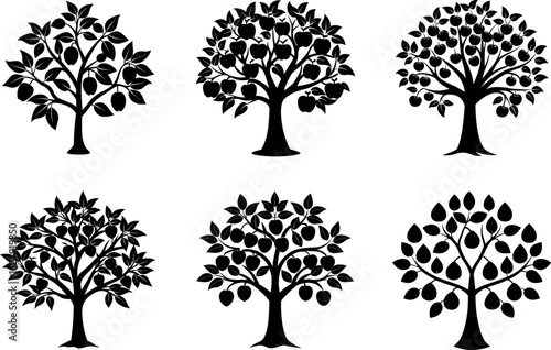 Fruit tree silhouette collection with apple, orange, lemon, cherry, pear, plum, silhouette and more

