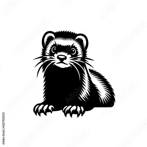 Black and white illustration of a cute ferret, isolated on white background