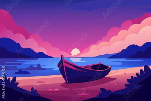 Abandoned Wooden Boat on Twilight Beach Vector