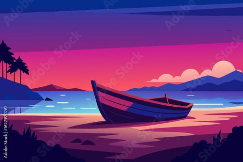 Abandoned Wooden Boat on Twilight Beach Vector