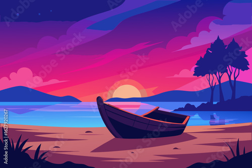 Abandoned Wooden Boat on Twilight Beach Vector