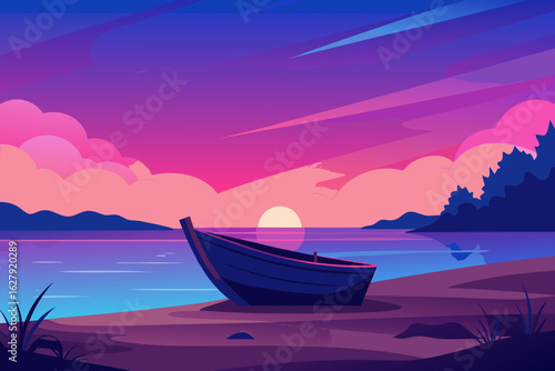 Abandoned Wooden Boat on Twilight Beach Vector