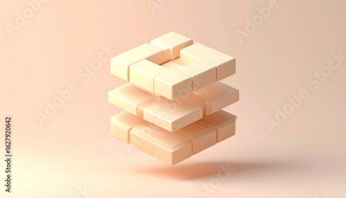 Futuristic Cube Design In Pastel Beige With Three Layered Blocky Forms Against A Clear Background