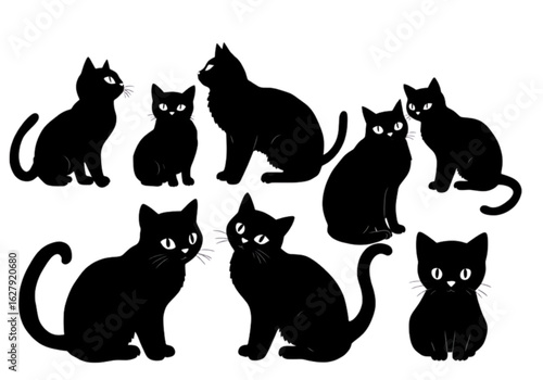 Discover a charming new set of cat silhouette icons, meticulously crafted with a transparent background for effortless integration into various creative endeavors.