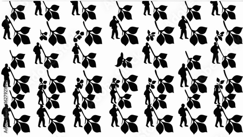 Repeating pattern of silhouetted figures carrying branches with leaves on a white background design art