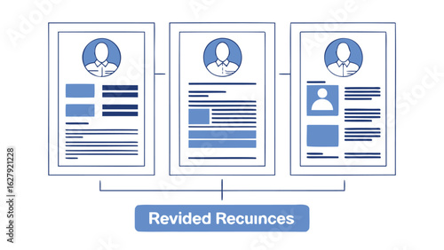 Three resume documents with profile pictures and sections connected to a revised resumes label below