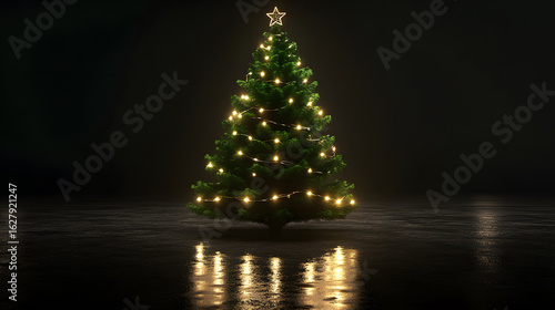 Christmas tree with lights and star against a dark background. Holiday concept.