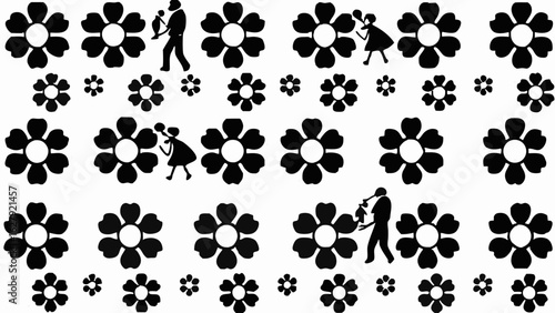 Black and white pattern with flowers and silhouettes of people interacting with children in various poses