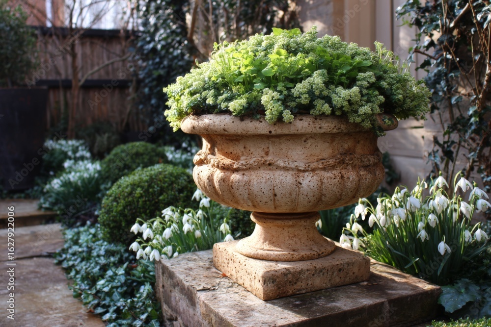Fototapeta premium Decorative stone urn filled with vibrant green plants during early spring in a peaceful garden setting