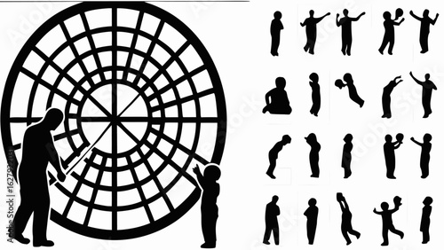 Silhouette of man and child interacting with a large circular grid alongside various human silhouettes