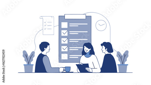Three people in a meeting with a checklist on a clipboard and a document and plants on the table around them