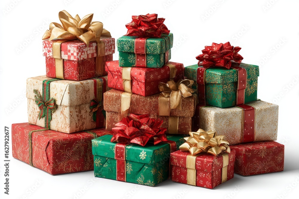 Obraz premium Colorful wrapped gifts piled together, showcasing festive decorations and ribbons for holiday celebrations