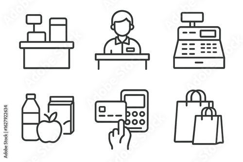 Retail checkout icon set: cash register, clerk, payment, shopping bag, groceries