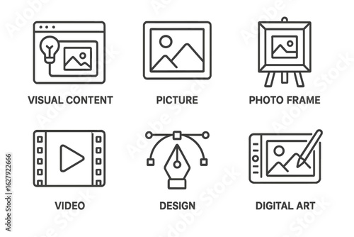 Visual content icons for picture, photo frame, video, design, and digital art concepts