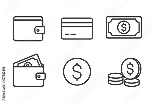 Wallet, card, cash, and coin icons: financial symbols on white background