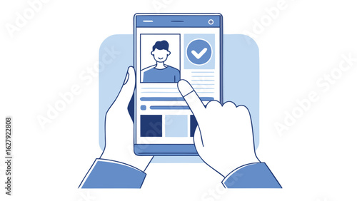 Person using a smartphone with a profile picture and a checkmark, with hands holding device