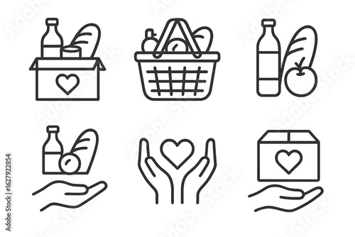 Simple line art symbols of food aid and donation concept
