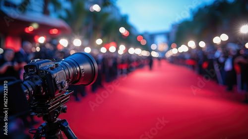Movie star first person view on the red carpet of the Venice Film Festival, Hollywood, Cannes, glossy reportage, many photographers in suits and camera flashes