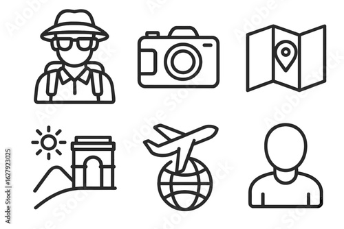 Travel icon set with tourist, camera, map, sun, monument, airplane, globe