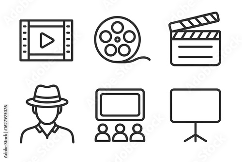Film and cinema icons: film reel, clapboard, hat, screen, audience, projector