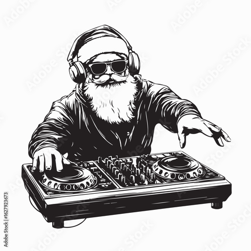 Santa Claus DJ Wearing Headset Mixing Music at Christmas Concert Vector image on white background