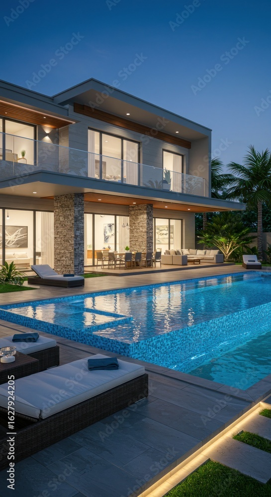 Fototapeta premium Modern Villa by Pool at Dusk