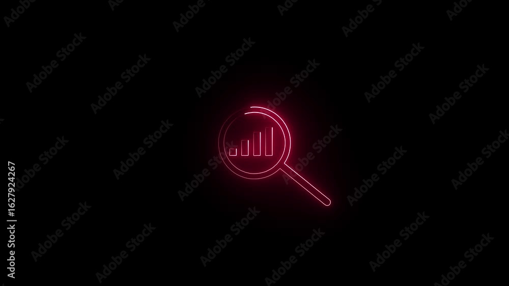 A glowing neon pink magnifying glass icon with bar graph inside, on black background. The concept of data analysis and analytics in marketing or business A glowing neon pink magnifying glass icon with bar graph inside, on black background. The concept of data analysis and analytics in marketing or business