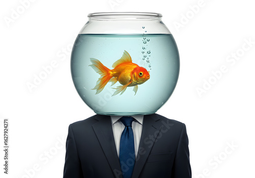 Conceptual image of a businessman with a goldfish bowl for a head, symbolizing limited perspective, short attention span, or being trapped in a narrow environment.