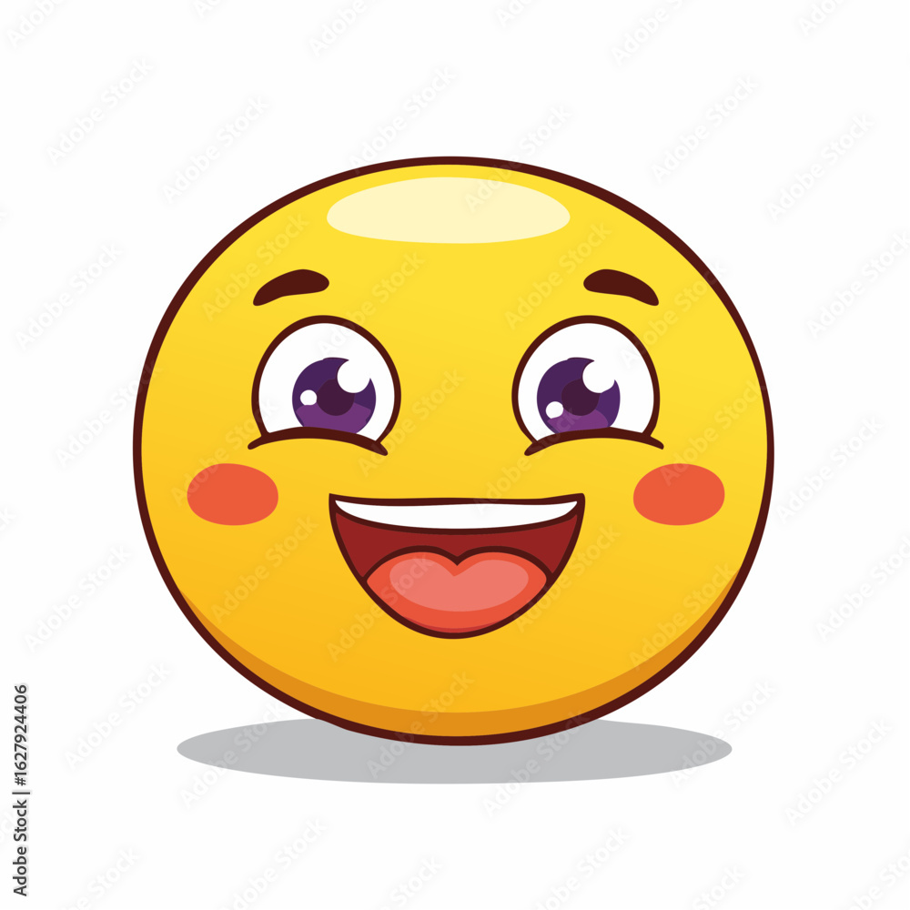 Fototapeta premium Yellow emoticon with a cheerful smile, blush and bright eyes expresses joy and happiness