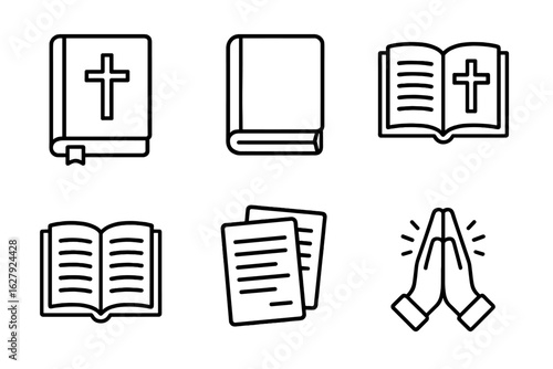Outline icons of bible, praying hands, and book with cross symbol