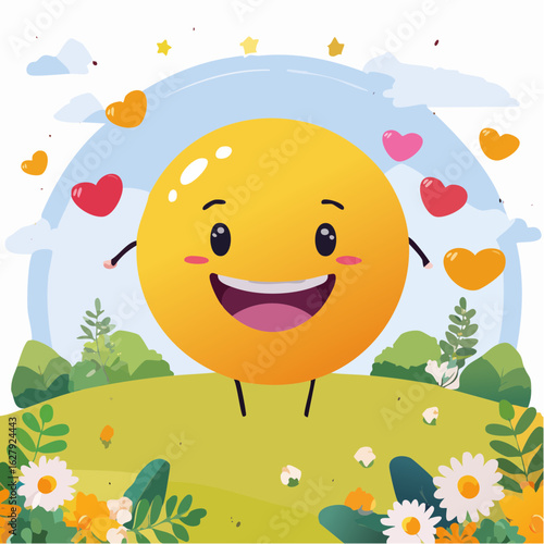 A cheerful emoji radiating joy amidst a vibrant landscape with hearts and foliage