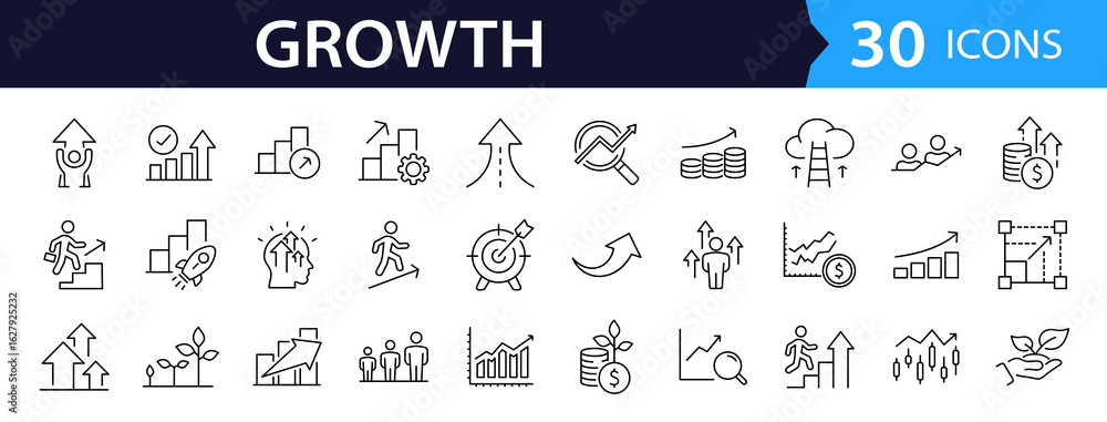 Growth Web Icon Set in Line Style. Collection of Upskill Linear Icons, Including professional, personal, financial growth, progress, career, arrows up, goal, development and more. Editable Stroke Growth Web Icon Set in Line Style. Collection of Upskill Linear Icons, Including professional, personal, financial growth, progress, career, arrows up, goal, development and more. Editable Stroke