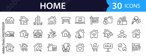 House Web Icon Set in Line Style. Collection of Real estate Linear Icons, Including home, building, buying, renting, property, address, loan, house, key, buy, sell, mortgage and more. Editable Stroke