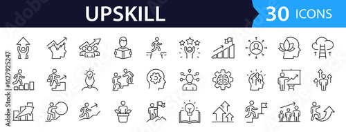 Upskill Web Icon Set in Line Style. Collection of Personal growth Linear Icons, Including upskilling, development, education, career, reskill, progress, strategy, skill goal and more. Editable Stroke