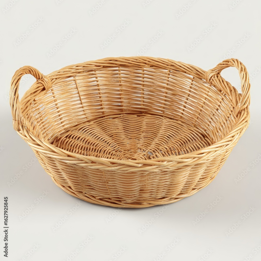 Fototapeta premium Round shallow wicker basket with handles