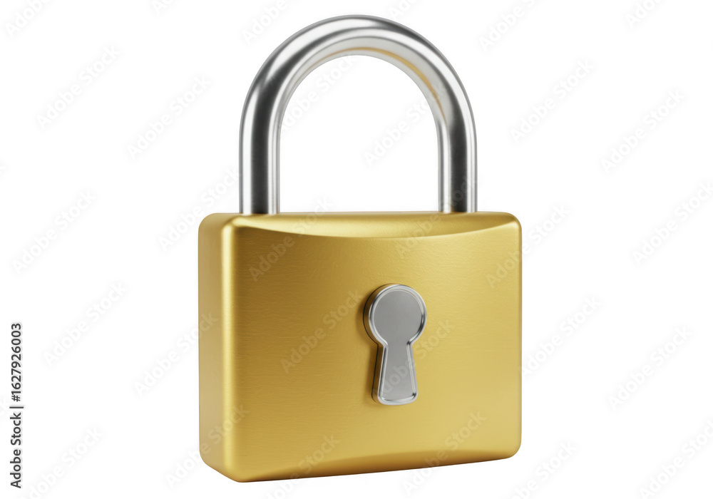 Fototapeta premium Golden padlock with silver shackle isolated on transparent background