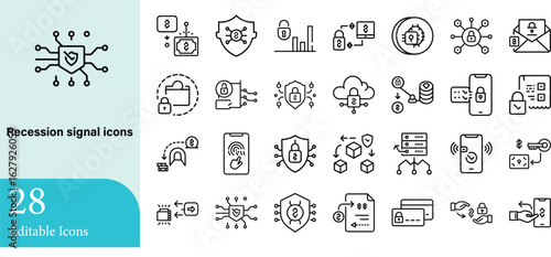 A comprehensive set icon collection of 28 editable recession signal icons providing visual representations of digital security and financial transactions.