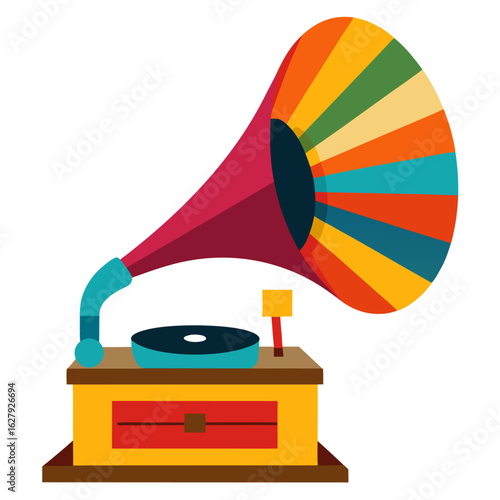 Retro vintage gramophone with colorful striped horn vector on white background.