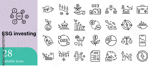 A collection of twenty-eight minimalist esg investing editable icon set illustrating ethical and sustainable investment strategies