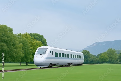 Modern Train Travelling on Rails Through Green Landscape