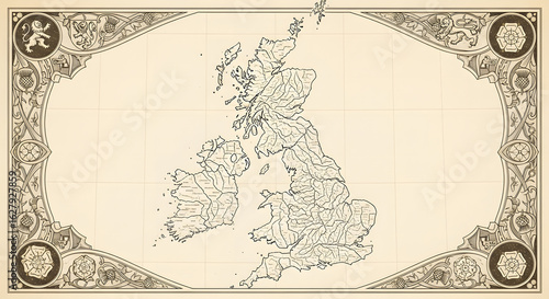 Antique-style map of the British Isles, showcasing the hydrographic network of rivers on vintage parchment with an ornate fantasy border.