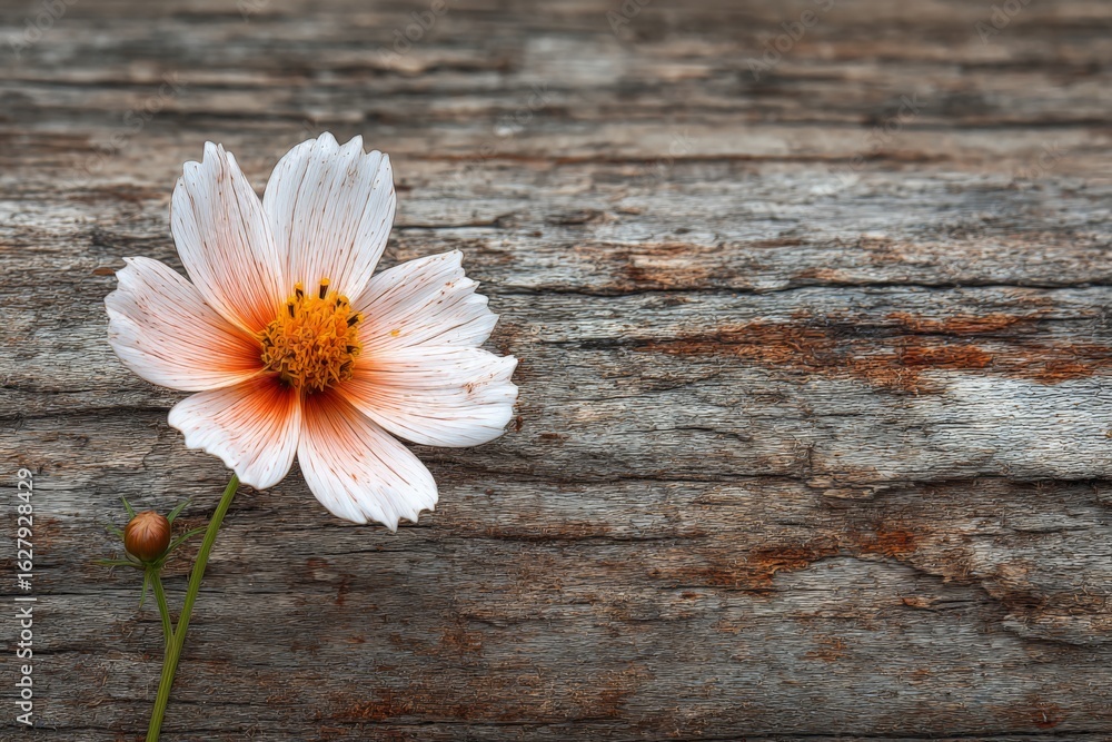 Obraz premium Beautiful white and orange flower resting on an aged wooden surface in a tranquil setting