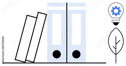 Books and binders neatly arranged on a shelf, alongside a lightbulb with gear and a leaf. Ideal for education, sustainability, organization, creativity, innovation, knowledge, productivity simple