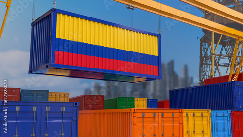 3D rendering of a shipping container with the Colombian flag suspended from a crane in a port dock.