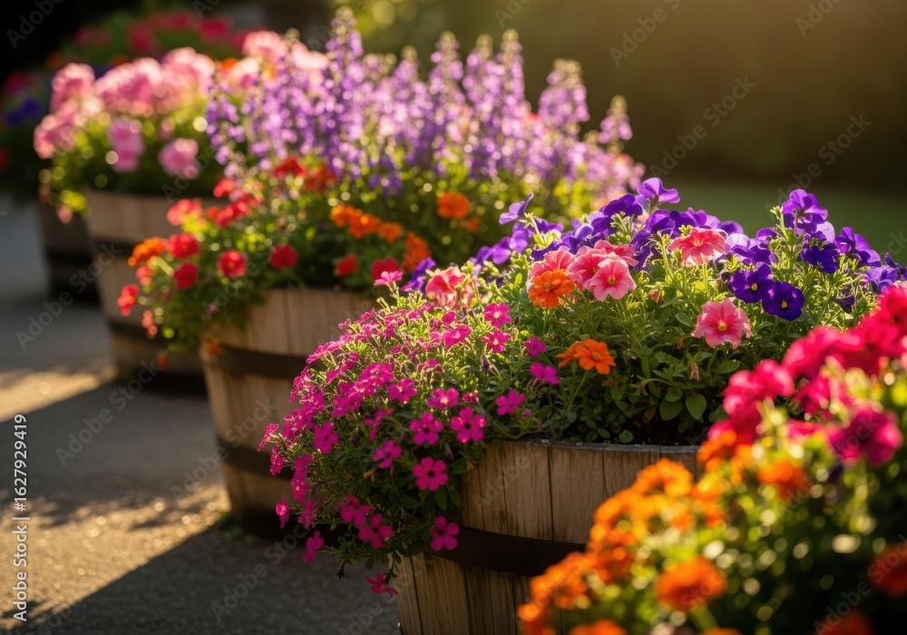 Fototapeta premium Colorful petunias bloom in wooden barrels lining a garden path on a sunny day
