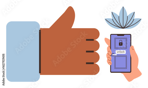 Large hand symbolizing approval alongside a smartphone being unlocked with a fingerprint sensor. Ideal for security, technology, biometrics, privacy, accessibility, mobile apps, simple flat metaphor